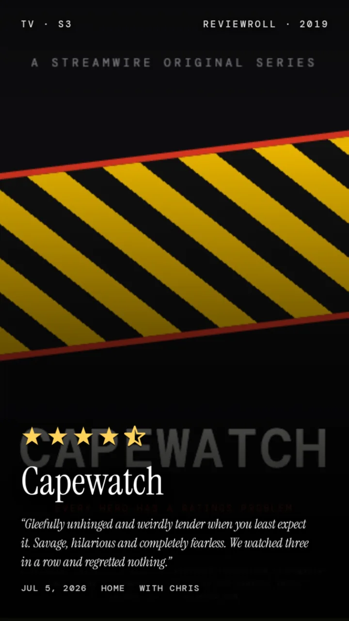 Example ReviewRoll card: TV series Capewatch season 3 in a caution-stripe look