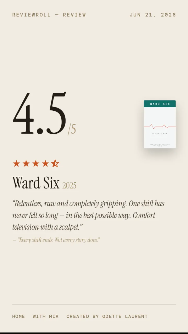 Ward Six reviewed in a cream receipt look with a 4.5 out of 5 rating